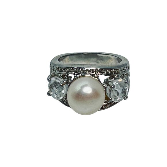 Silver Tone Statement Ring With Faux Pearl & Clear Rhinestones Size 6.25 (R447) - Picture 5 of 8